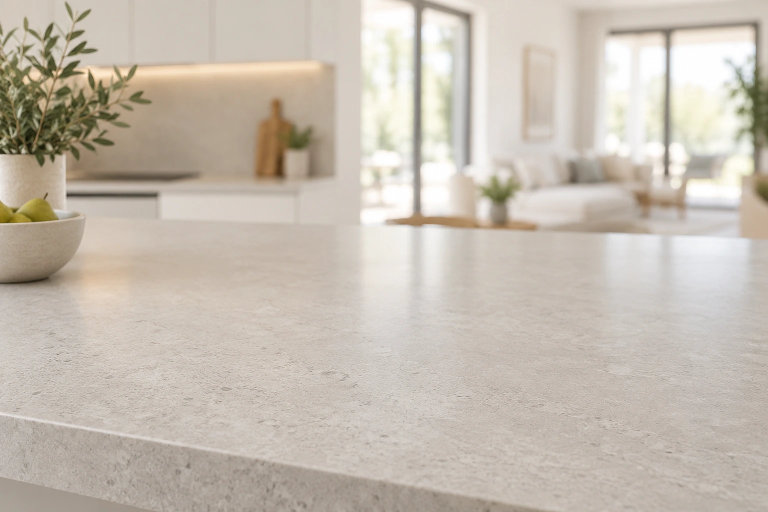 A clean, bright kitchen countertop in a modern open-plan home