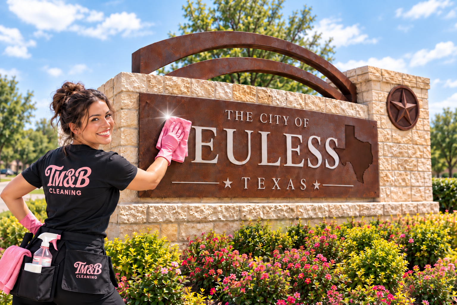 A Mop and Broom cleaner polishing the City of Euless, Texas welcome sign