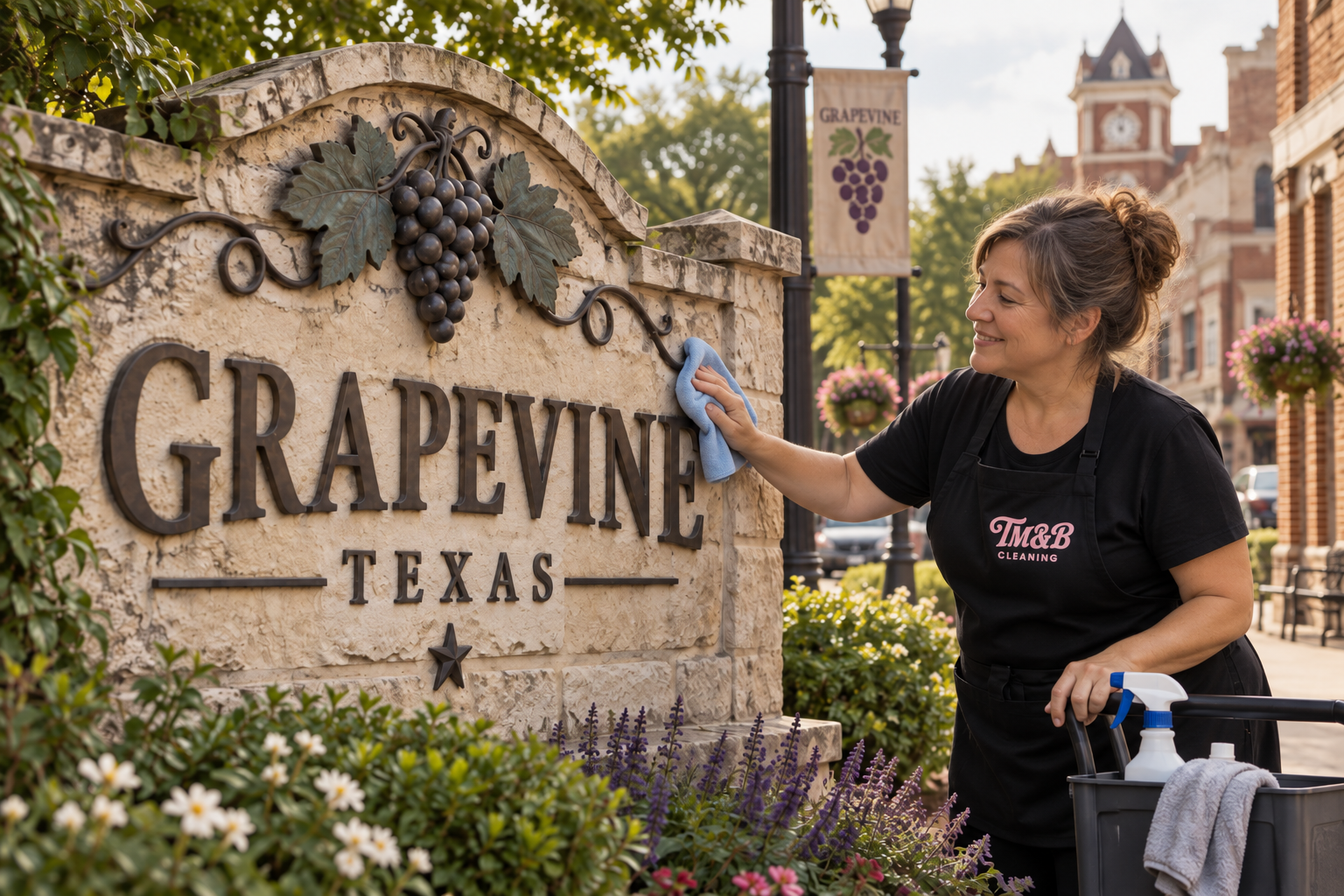 A Mop and Broom cleaner polishing the Grapevine, Texas welcome sign