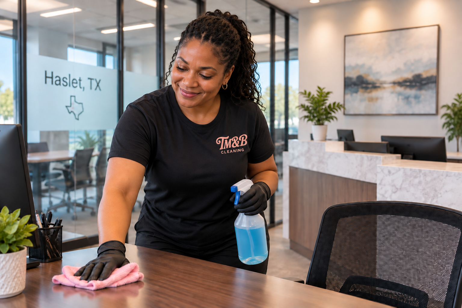 A Mop and Broom cleaner wiping a desk in a Haslet, Texas office