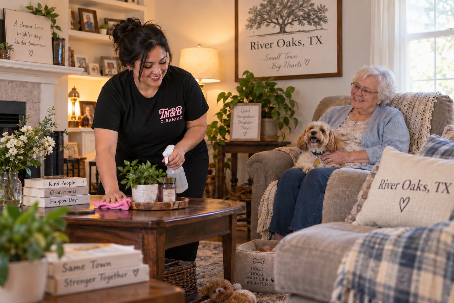 A Mop and Broom cleaner tidying a River Oaks, Texas living room while a client and her dog look on